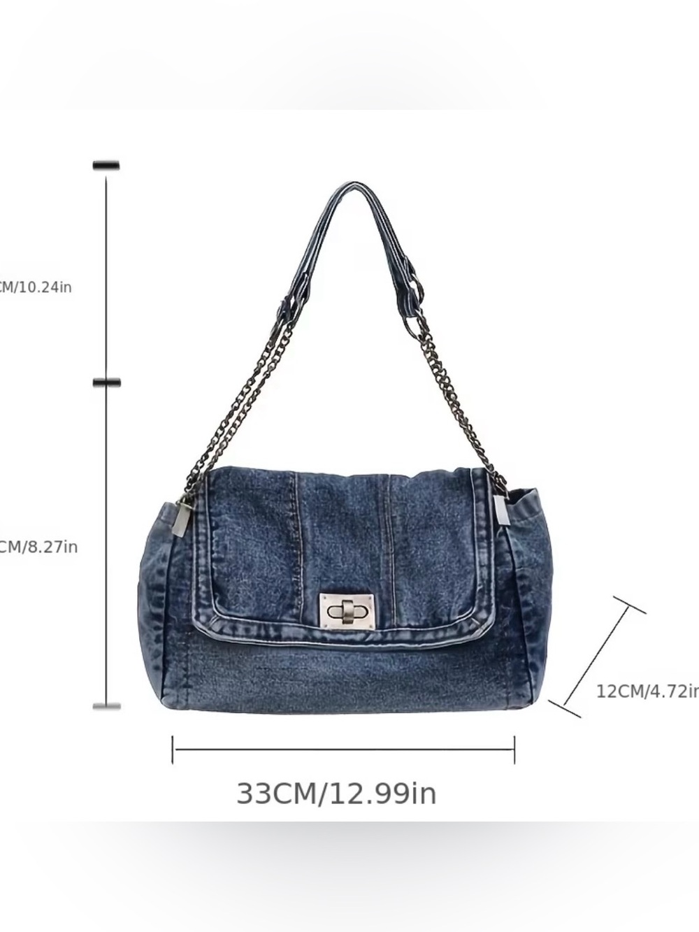 Denim Shoulder Bag with Chain Strap - Blue - Picture 5 of 6